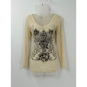 Vtg y2k Dots Sheer burnout Graphic Top Womens sz M McBling Indie Grunge Boho